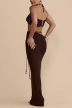Emara Stretch Mesh Hand Beaded Trim Gathered Sweetheart Crop Halter Vacation Tank