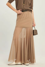 High Waist Tiered Mesh Insert Asymmetrical Skirt