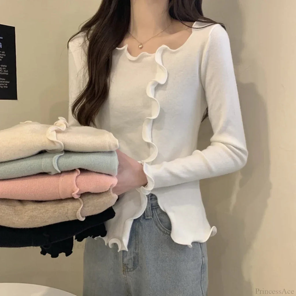 Aesthetic Irregular Ruffles Knit Crop Solid Long Sleeve Knit Top