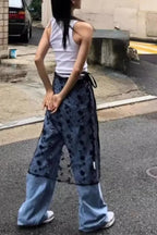 Aesthetic See Through Sequins Flower Lace Long Apron Skirt