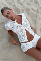 Cutout Comfy Casual Top Shorts Two Piece Set