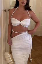 Imalia Stretch Mesh Pearl Trim Gathered Tank and Detachable Belt Vacation Maxi Skirt Set