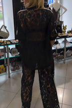 Mix Fashion Lace Striped Trim Short Sleeve Button Shirt and Elastic Waist Pocket Loose Pants Set