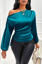 Satin Asymmetric Collar Ruched Waist Long Sleeve Tee