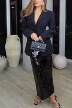 Chic Holiday Look Large Sequins High Rise Zipper Waist Slit Maxi Skirt