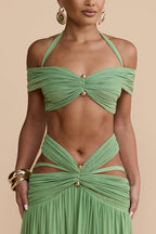 Martina Stretch Mesh Gold Metal Detail Gathered Sweetheart Crop Halter Vacation Tank