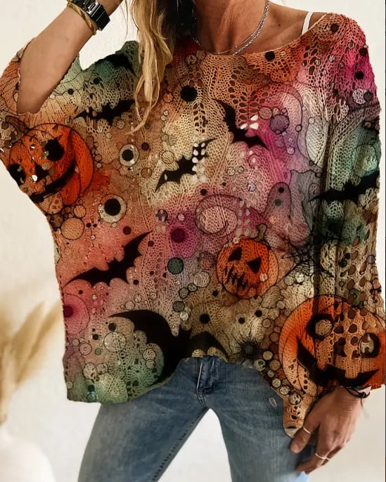 Halloween Pumpkin Print Long Sleeve Knit Top