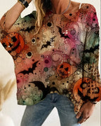Halloween Pumpkin Print Long Sleeve Knit Top