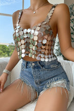 Silver Sequin Solid Backless Sexy Crop Top