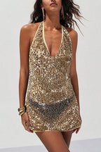 Fashionable Sequined V-neck Backless Resort Cover-up Mini Dress