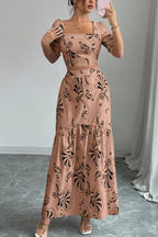 Square Neck Puff Sleeve Printed Crop Top & Ruffle Hem Slit Maxi Skirt Two-Piece Set