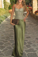 In A Fairytale Lace Satin Mid Rise Drape Maxi Skirt