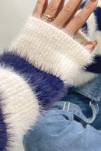 Dark Blue Striped Button-Up Fuzzy Knit Cardigan