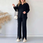 Cozy Ribbed Knit with Slit-Leg Pants(Two-Piece Set)