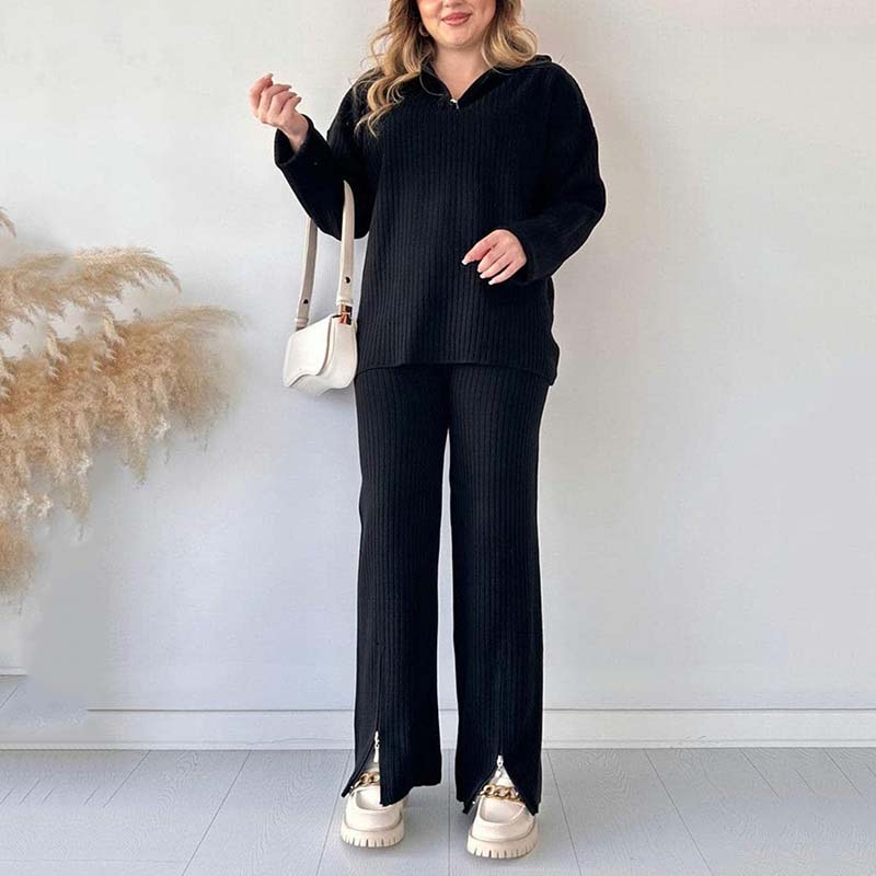 Cozy Ribbed Knit with Slit-Leg Pants(Two-Piece Set)