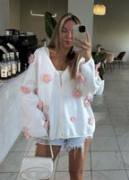 Blush Bloom - 3D Floral Knit Cardigan with V-Neck