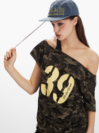 Camouflage Off-Shoulder Short-Sleeved