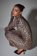 Elegant Leopard Mock Neck Bodycon Maxi Dress