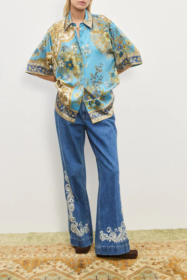 Satin Floral Print Loose Shirt and Elastic Waist Pocket Casual Wide-leg Pants