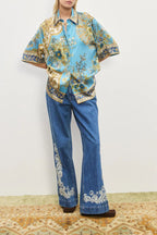 Satin Floral Print Loose Shirt and Elastic Waist Pocket Casual Wide-leg Pants