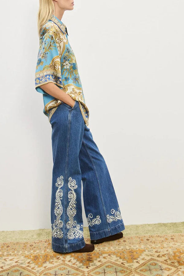 Satin Floral Print Loose Shirt and Elastic Waist Pocket Casual Wide-leg Pants