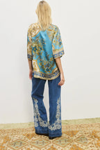Satin Floral Print Loose Shirt and Elastic Waist Pocket Casual Wide-leg Pants