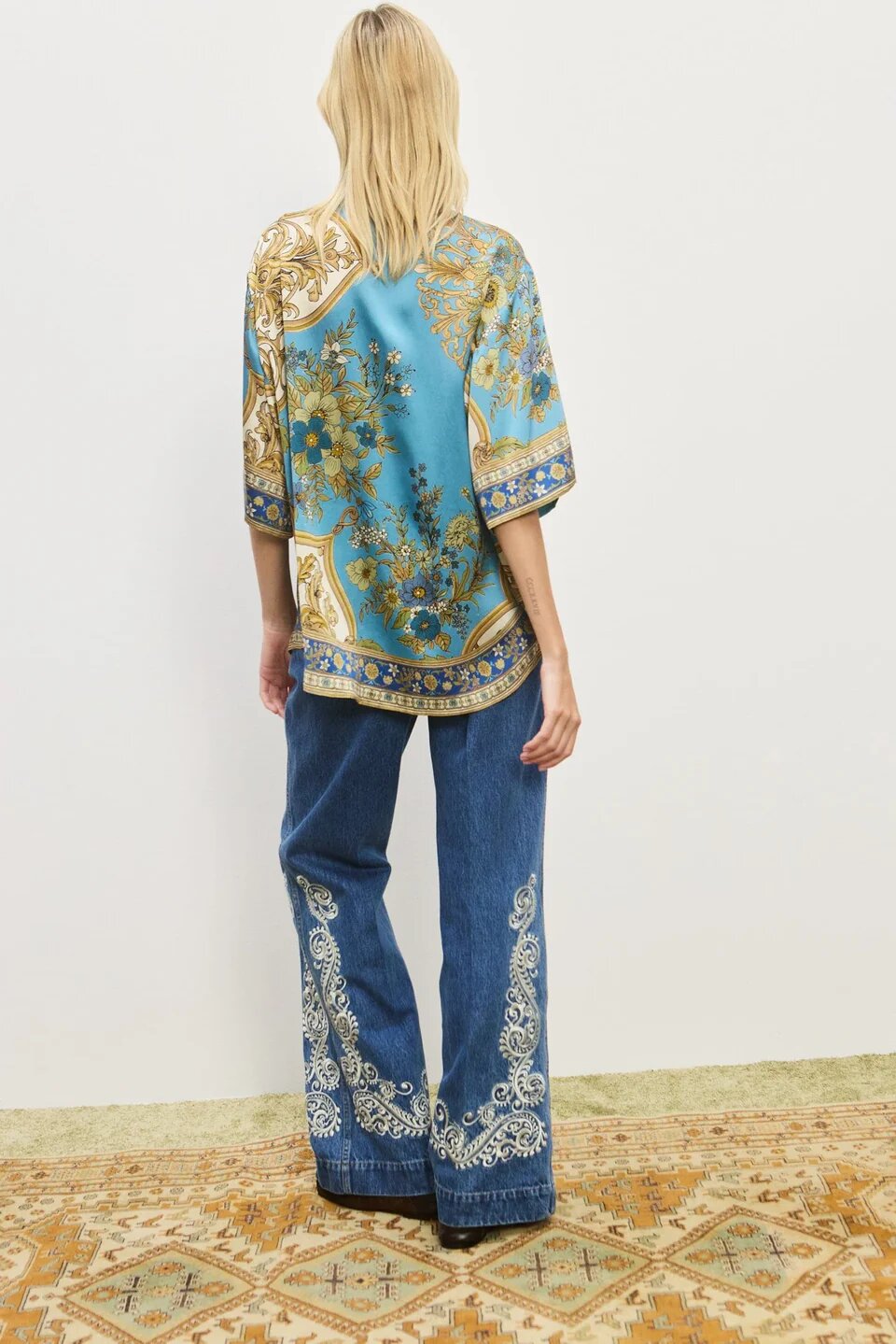 Satin Floral Print Loose Shirt and Elastic Waist Pocket Casual Wide-leg Pants