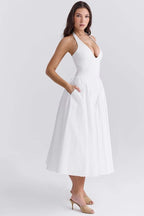 Eva Statement Neck Midi Dress with Open Back Premium Wardrobe Essential