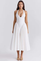 Eva Statement Neck Midi Dress with Open Back Premium Wardrobe Essential