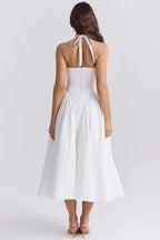 Eva Statement Neck Midi Dress with Open Back Premium Wardrobe Essential
