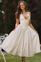 Eva Statement Neck Midi Dress with Open Back Premium Wardrobe Essential