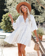 Alicia Pocketed Ruffle Tiered Babydoll Dress White
