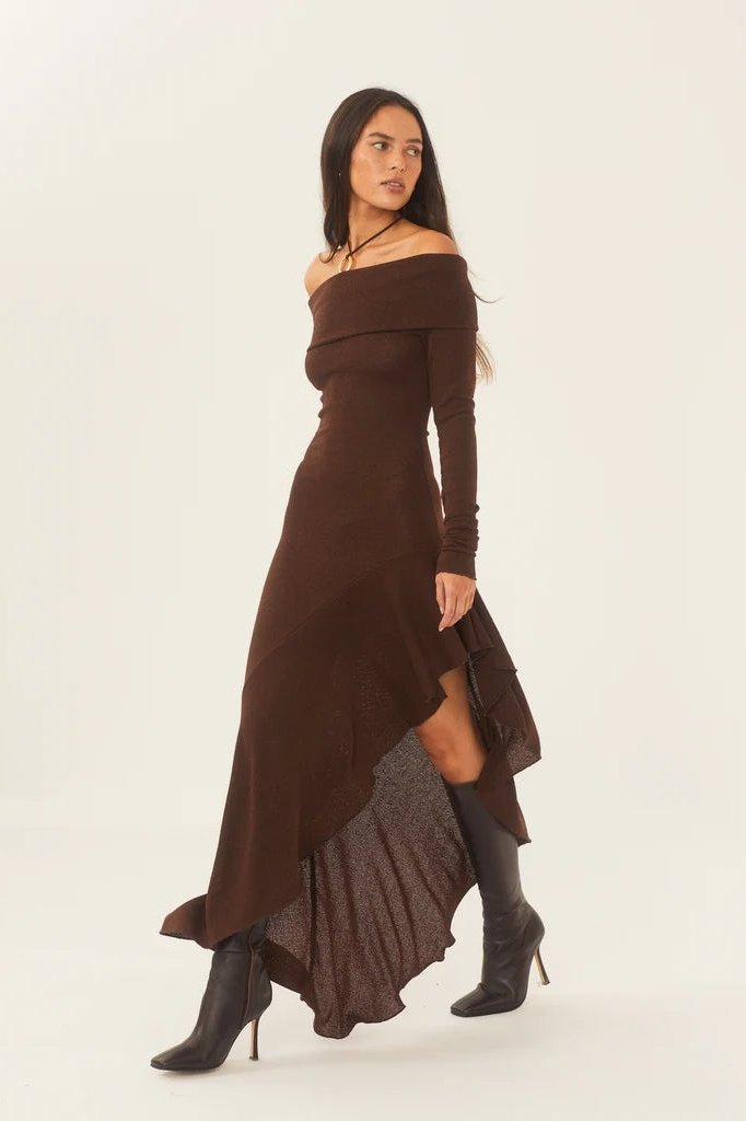Mariana Boutique Off the Shoulder Flared Midi Knit Dress Premium Wardrobe Essential