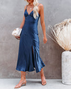 All For You Satin Midi Slip Dress Navy