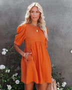 Amber Cotton Pocketed Puff Sleeve Dress Orange