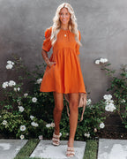 Amber Cotton Pocketed Puff Sleeve Dress Orange