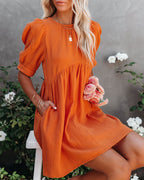 Amber Cotton Pocketed Puff Sleeve Dress Orange