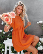 Amber Cotton Pocketed Puff Sleeve Dress Orange