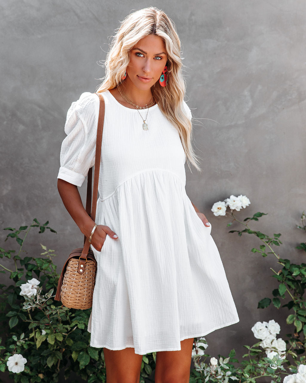 Amber Cotton Pocketed Puff Sleeve Dress White