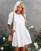 Amber Cotton Pocketed Puff Sleeve Dress White