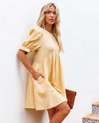 Amber Cotton Pocketed Puff Sleeve Dress Yellow FINAL