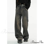 American Fashion Blue Jeans Waist Vintage High Streetwear Dark Leg Women - Denim Wide Trouser