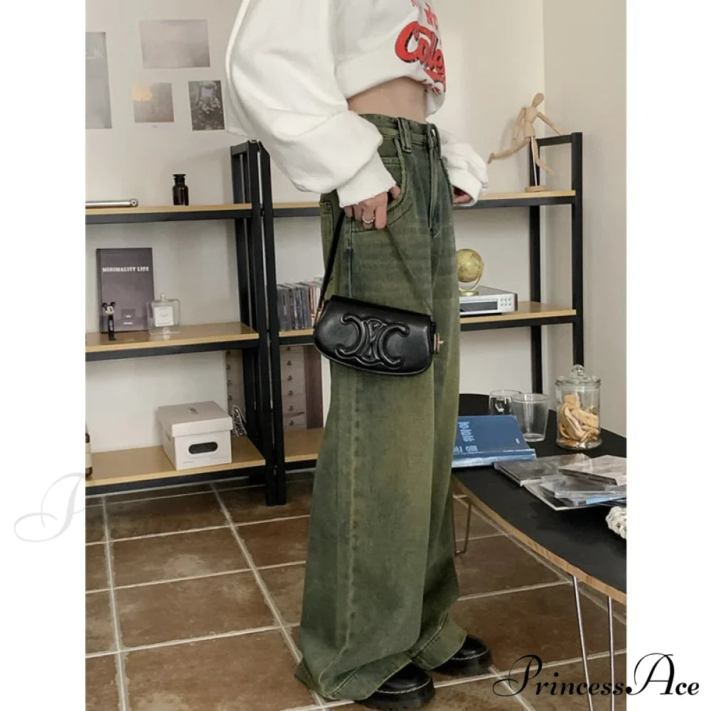 American Fashion Blue Jeans Waist Vintage High Streetwear Dark Leg Women - Denim Wide Trouser