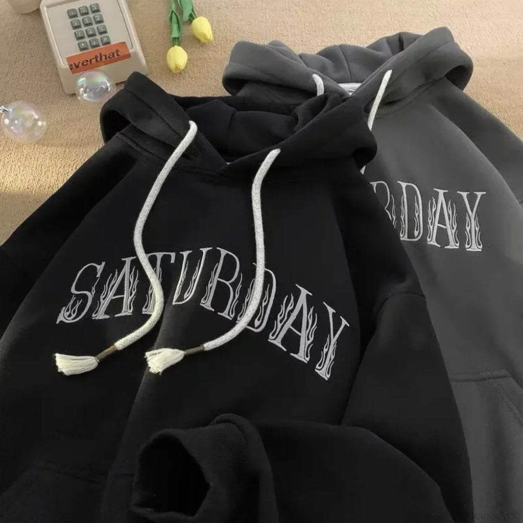 American Flame Print Fleece Y2K Hoodie