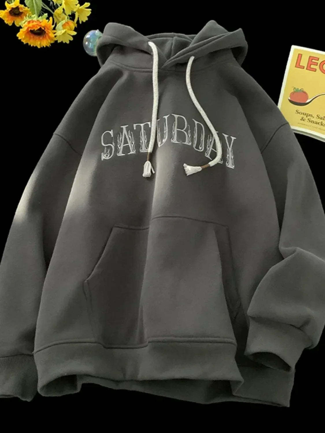 American Flame Print Fleece Y2K Hoodie
