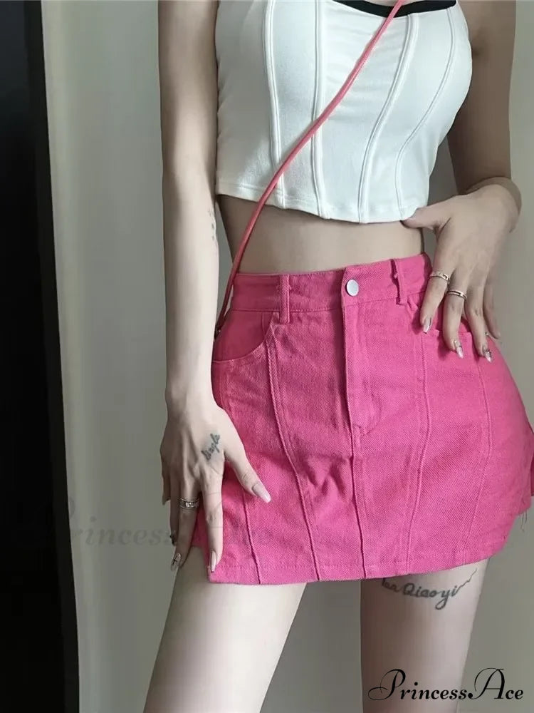 American Retro Spicy Girl Super Short Anti Glare Solid Color Pleated Low Waisted A-line Jean
