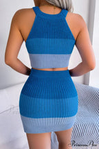 and with Set Skirt Crop Sleeveless Color Top Block Knit Design