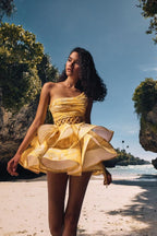 Aurora Premium Floral Print One Shoulder Chiffon Mini Dress Chic Silhouette Collection