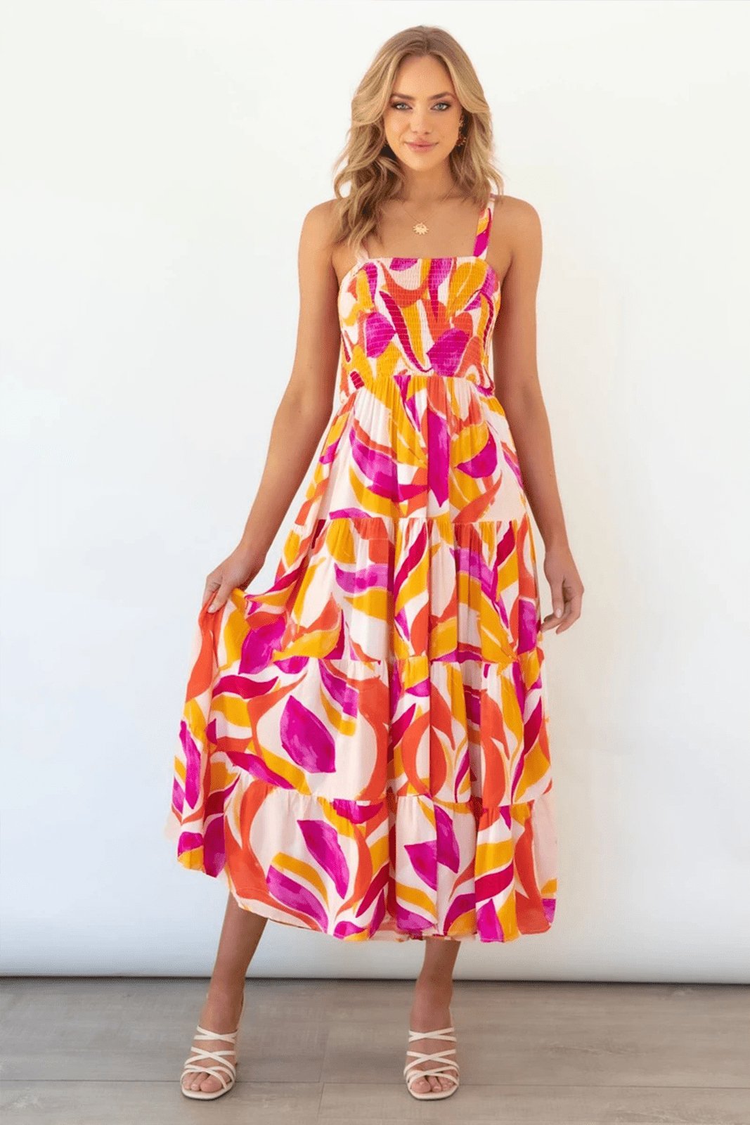 Zulema Effortless Printed Tiered Maxi Summer Dress with Ruched Bodice Boutique Collection