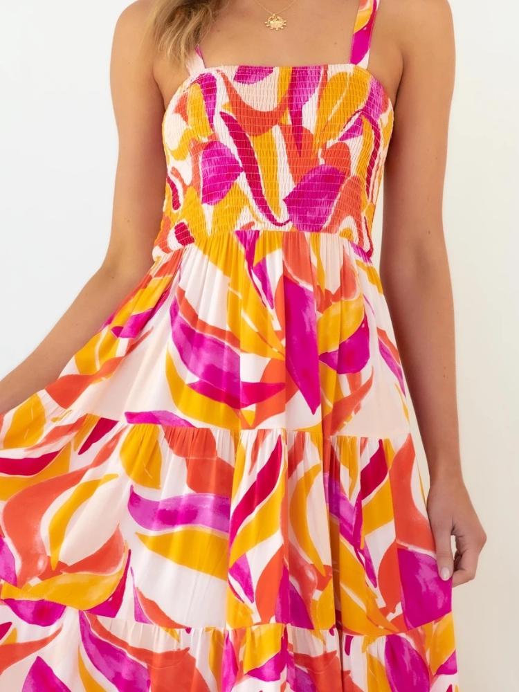 Zulema Effortless Printed Tiered Maxi Summer Dress with Ruched Bodice Boutique Collection